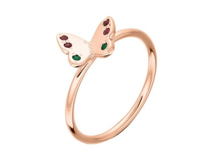Zlatý prsten motýlek s přírodními rubíny a smaragdy