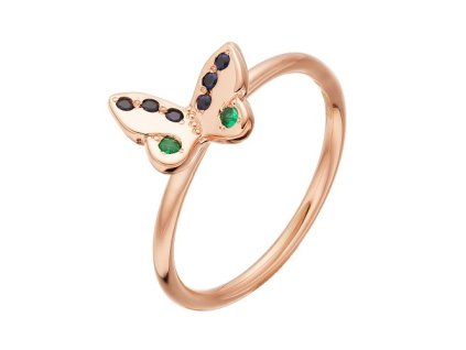 Zlatý prsten motýlek s přírodními safíry a smaragdy