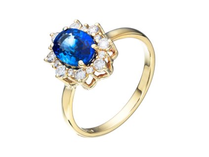 Zlatý prsten s přírodním modrým safírem a diamanty
