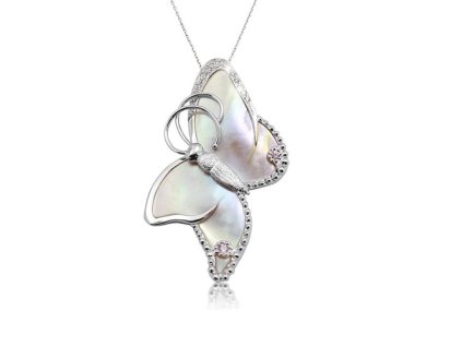 Zlatý přívěsek motýl s přírodní perletí, růžovými safíry a diamanty