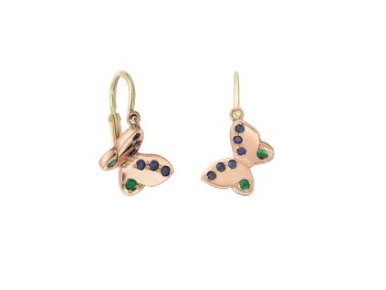 Zlaté náušnice motýlci s přírodními safíry a smaragdy