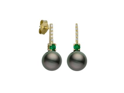 Zlaté náušnice s přírodními tahitskými perlami, smaragdy a diamanty