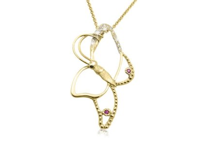 Zlatý přívěsek motýl s přírodními rubíny a diamanty