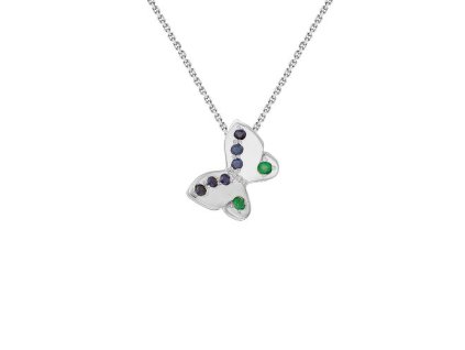 Zlatý přívěsek motýlek s přírodními moídrými safíry a smaragdy