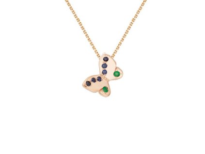 Zlatý přívěsek motýlek s přírodními modrými safíry a smaragdy