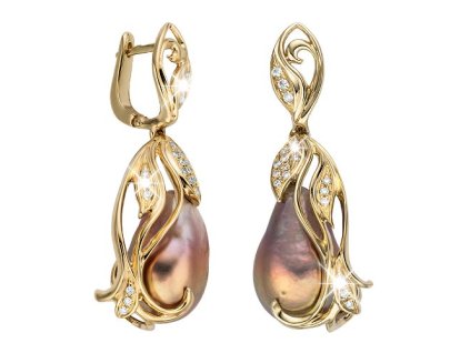 Zlaté visací náušnice s přírodními perlami Biwa a diamanty