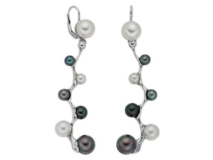 Zlaté visací náušnice s přírodními černými a bílými perlami