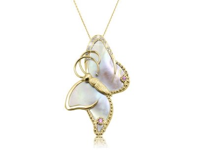 Zlatý přívěsek s přírodními diamanty, safíry a perletí
