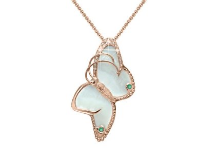 Zlatý přívěsek motýl s přírodní perletí, smaragdy a diamanty