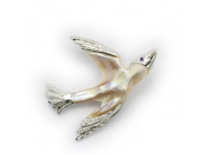 Zlatá brož ptáček s přírodními diamanty, safírem a perlou Biwa