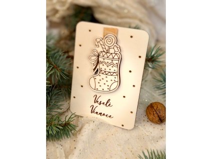 Drevená karta na peniaze – Veselé Vianoce, vianočné pančucha