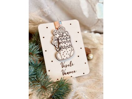 Dřevěná karta na peníze – Veselé Vánoce, vánoční punčocha
