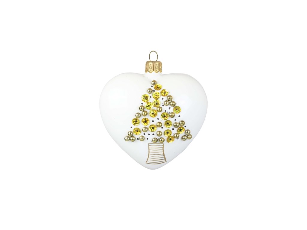 Vánoční ozdoba srdce bílé se zlatým stromkem 10 cm, Decor by Glassor