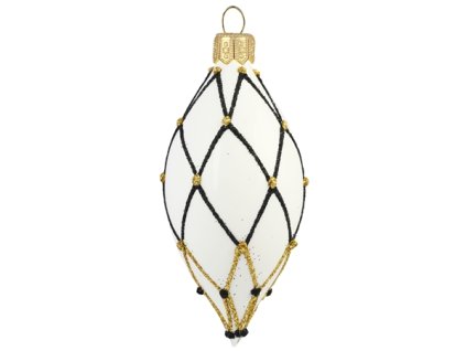 Vánoční ozdoba skleněná oliva, bílá s černo zlatou síťkou 9 cm, Decor by Glassor