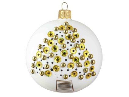 Vánoční ozdoba koule bílá se zlatým korálkovým stromečkem 8 cm, Decor by Glassor