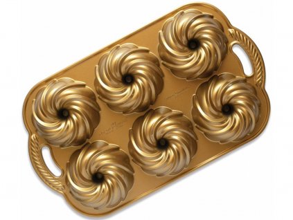 Forma na 6 minibábovek VODNÍ VÍR 3 cup, zlatá Nordic Ware