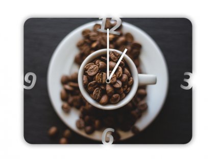 Hodiny s motivem zrnka kávy v šálku