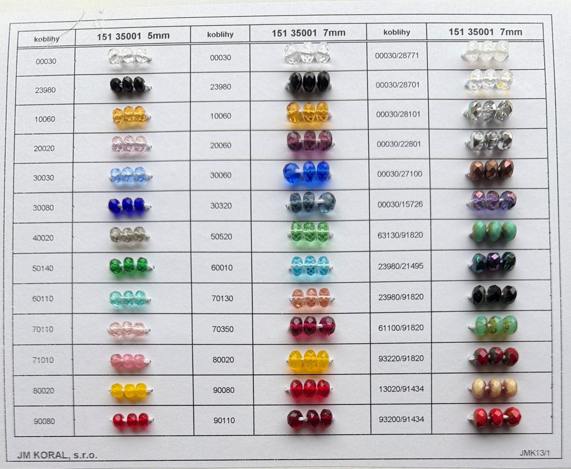 Vzorové karty broušených korálků