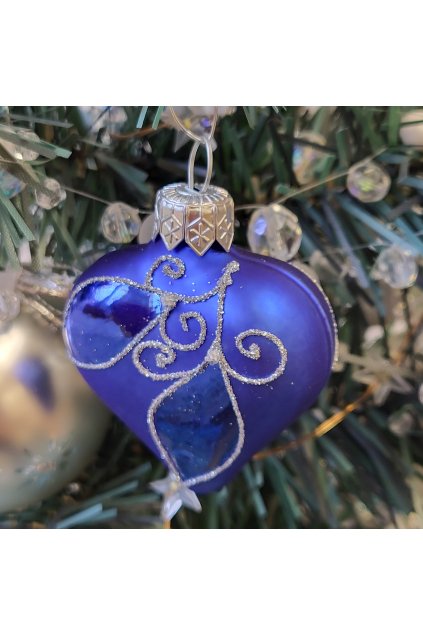 Vánoční ozdoba - srdce Modrý mat s lesklými lístečky