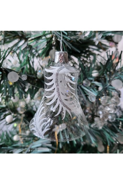 Vánoční ozdoba - zvonek průhledný se stříbrnobílým dekorem