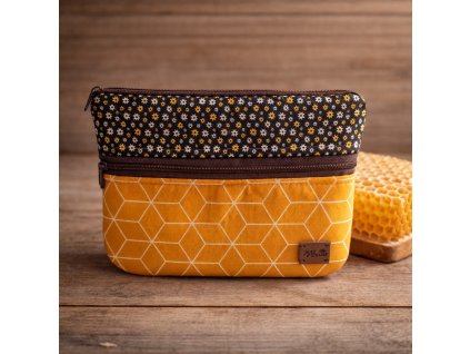 Dvoukapsová handmade taštička Joan Atelier se dvěma zipy, vzor plástev, bavlněná