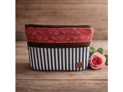 Dvoukapsová handmade taštička Joan Atelier se dvěma zipy, vzor proužek a malé růžičky, bavlněná