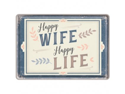 Plechová Pohľadnica Happy Wife Happy Life
