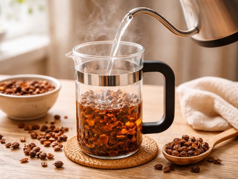 Příprava čaje z cascary — louhování sušených kávových třešní v horké vodě