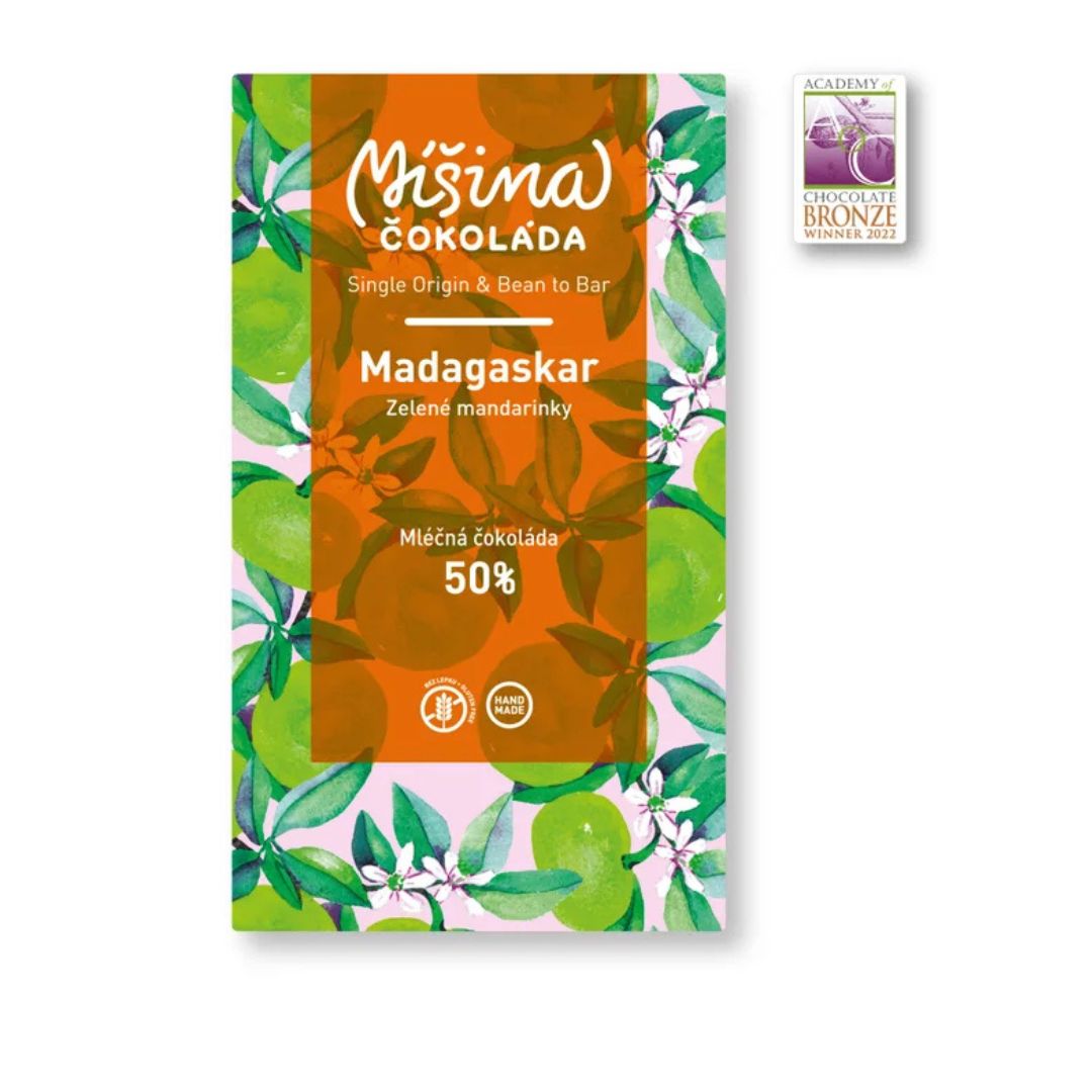 Mléčná čokoláda 50 % Madagaskar se zelenými mandarinkami od Míšiny čokolády, tabulka 50 g