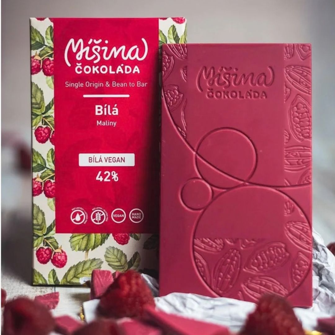 Veganská malinová čokoláda 42 % s českými malinami od Míšiny čokolády, tabulka 50 g