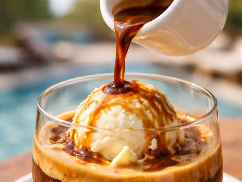 Příprava affogato – přelévání espressa přes vanilkovou zmrzlinu, recept Johnny Coffee