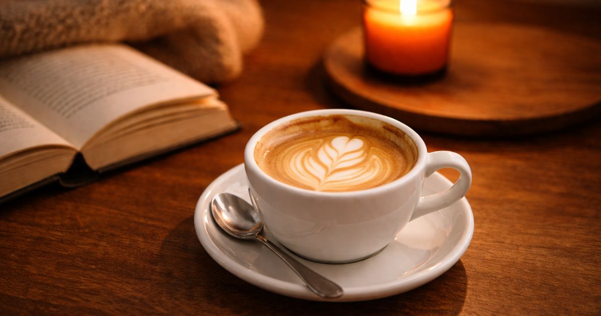 Večerní bezkofeinová káva na stole — klidný moment před spaním