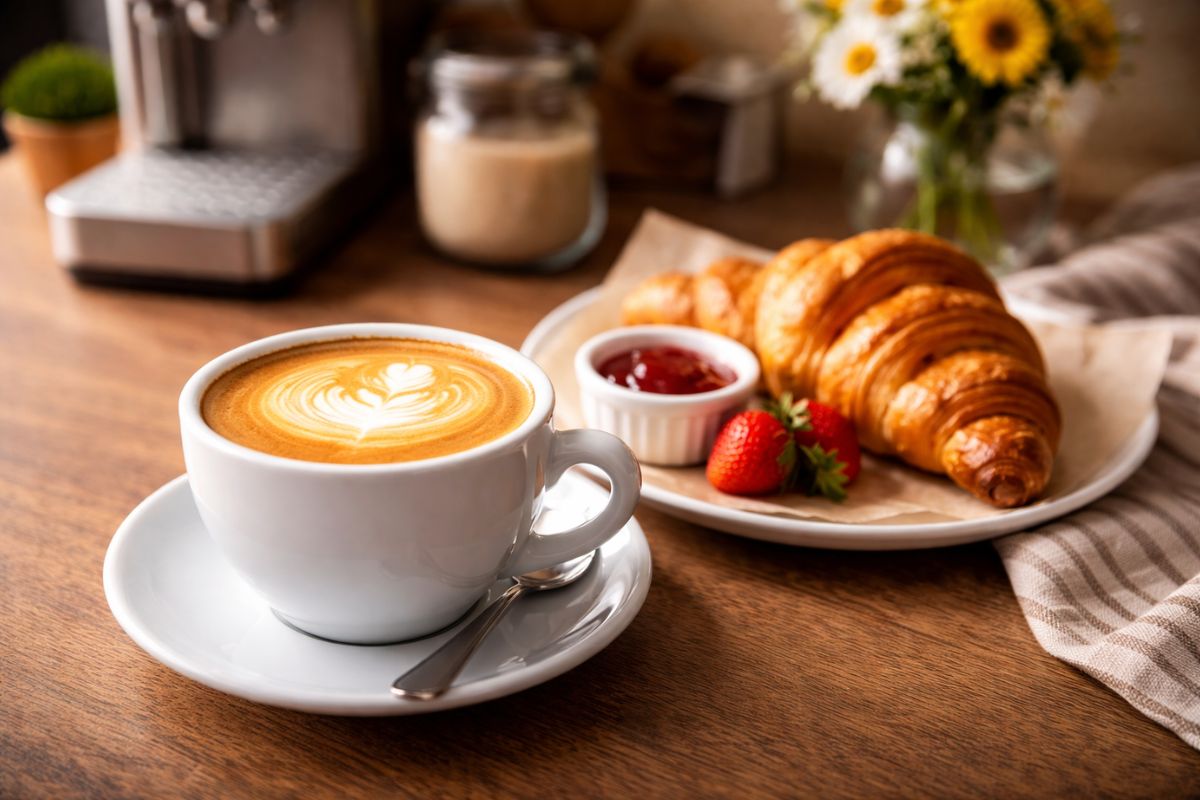 Cappuccino na stole s croissantem — ranní párování
