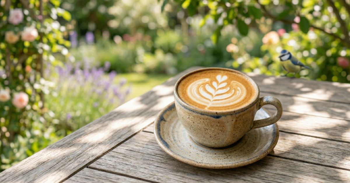 Cappuccino s latte artem v keramickém šálku — espresso s napěněným mlékem