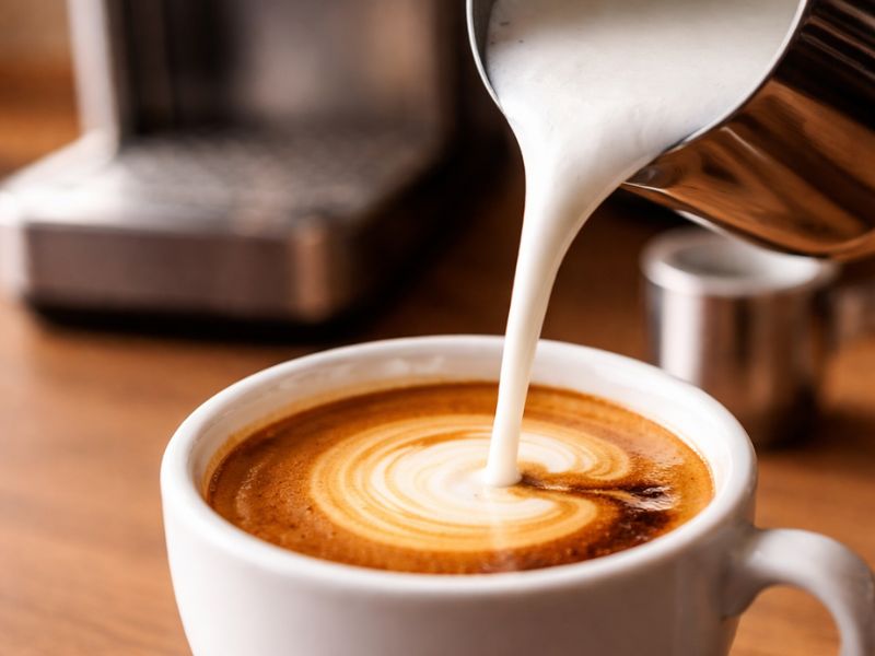 Napěňování mléka parní tryskou — příprava cappuccina