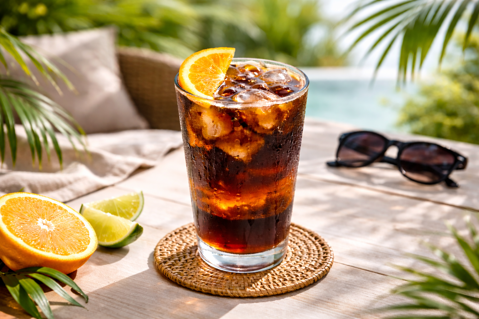 Coffee cola v letním prostředí — osvěžující kávový nápoj na terase