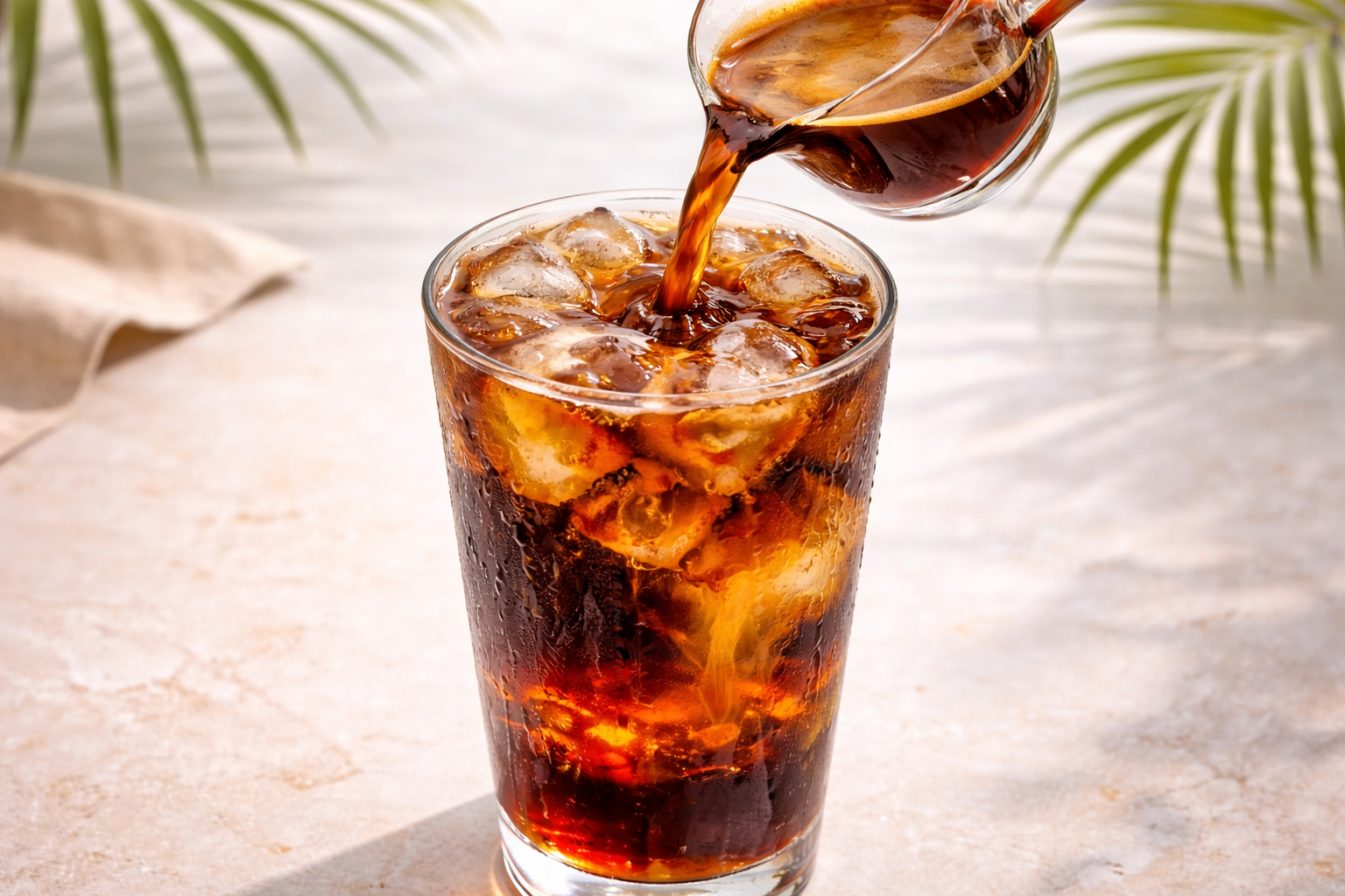 Příprava coffee coly — nalévání espressa do sklenice s colou a ledem