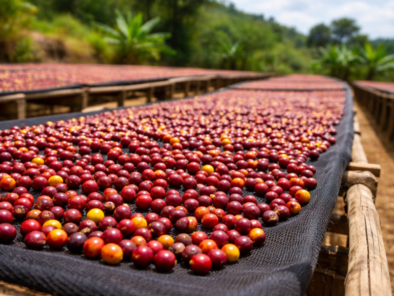 Zpracování kávy po sklizni — sušení kávových třešní na raised beds