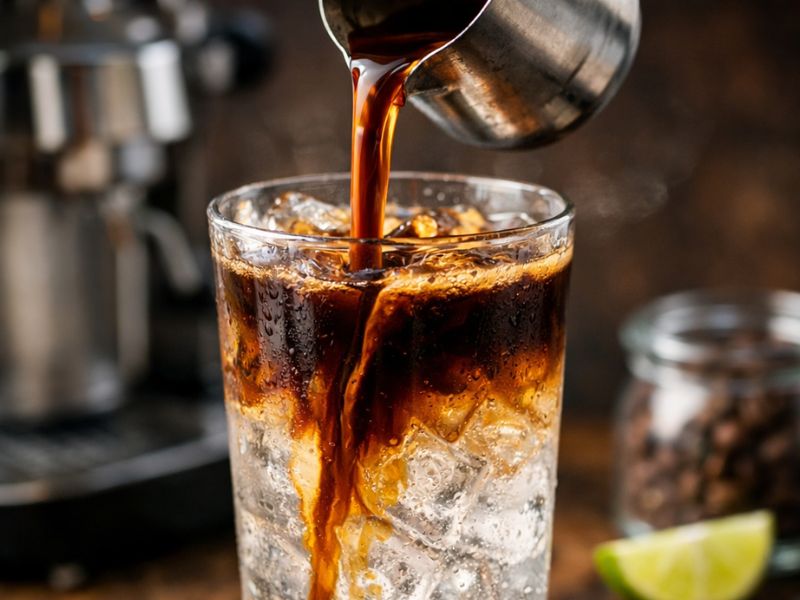 Postup přípravy espresso tonicu – přelévání espressa přes lžičku do sklenice s tonikem a ledem