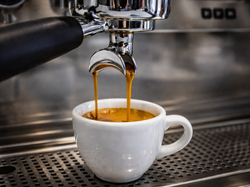 Příprava espressa – extrakce z pákového kávovaru s hustou cremou