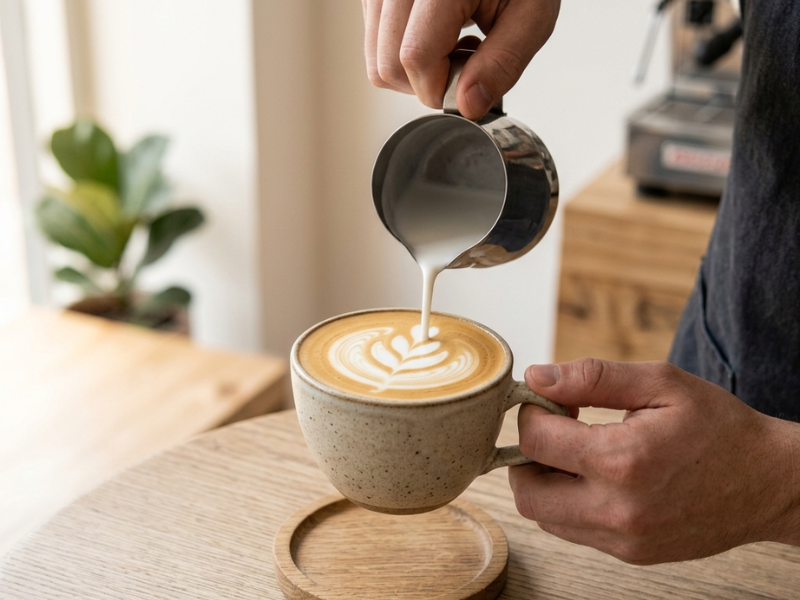 Nalévání mikropěny do espressa při přípravě flat white — krok za krokem