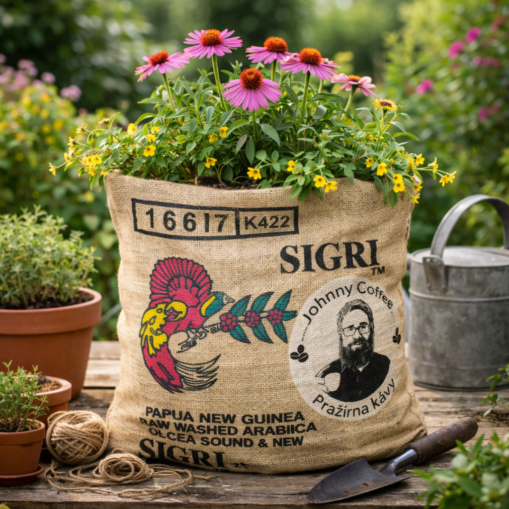 Jutový pytel od kávy – zahradní dekorace