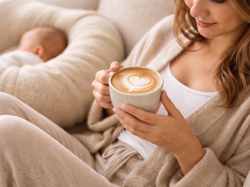 Kojící maminka s šálkem kávy — jak ovlivňuje kofein mateřské mléko