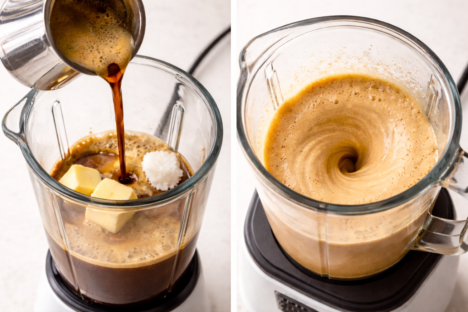 Příprava neprůstřelné kávy — mixování espresa s MCT olejem a máslem