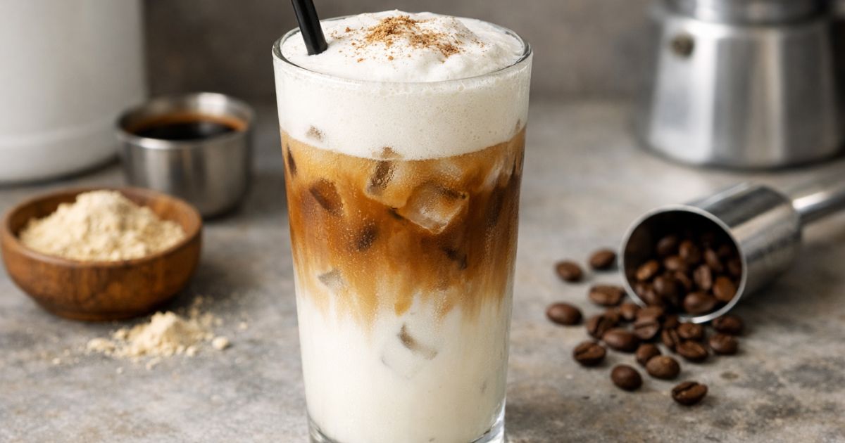 Protein iced latte ve vysoké sklenici s vrstvami espressa, mléka a proteinové pěny