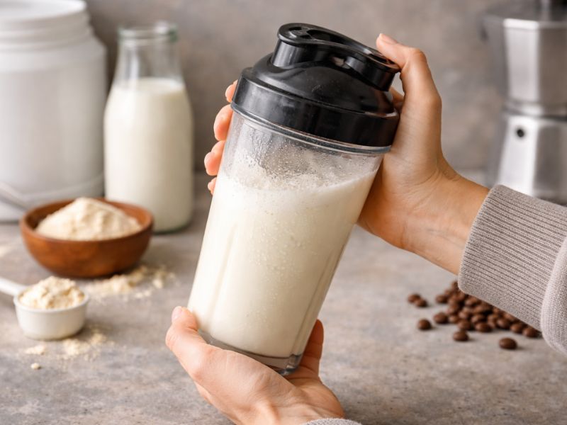 Příprava proteinového ledového latte — míchání proteinu s mlékem v shakeru