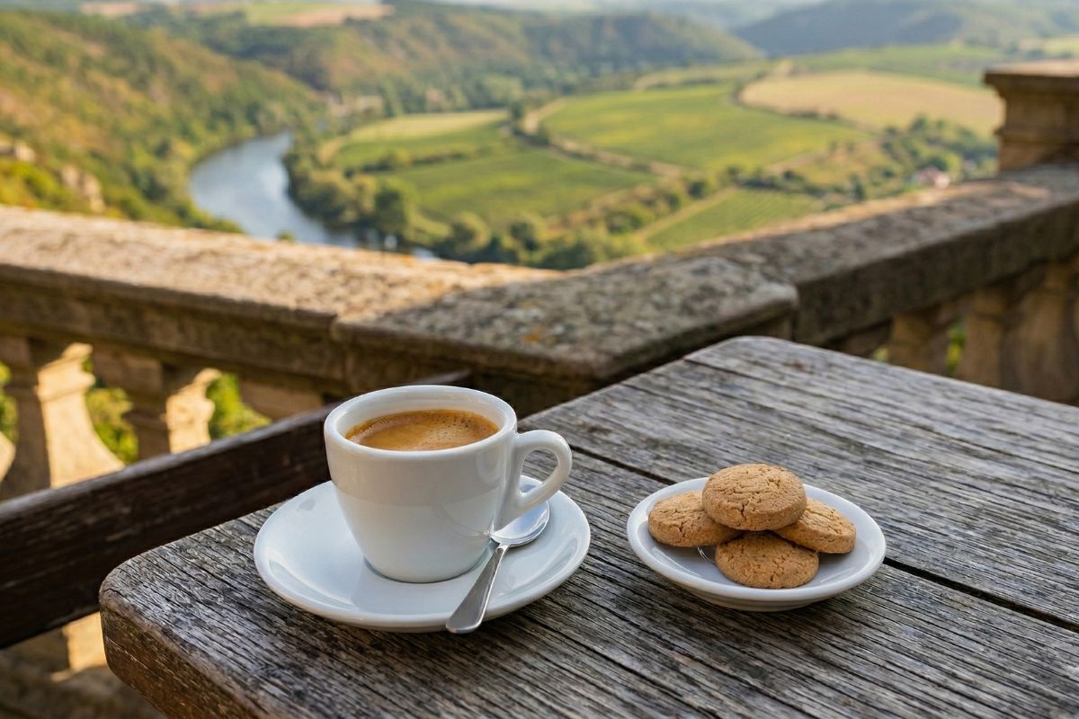 Ristretto na stole jako lifestyle záběr s malým sladkým párováním