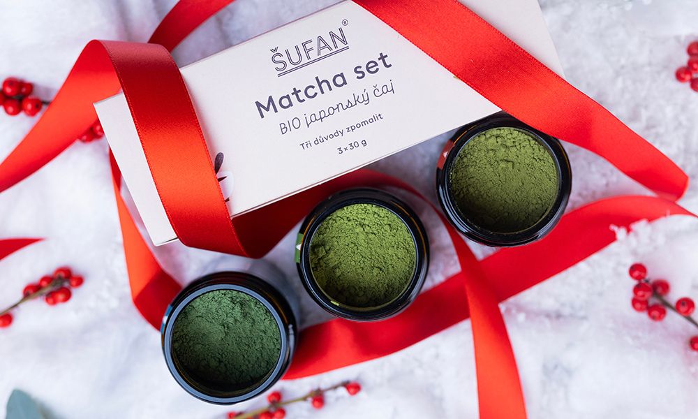 Matcha set Šufan – klasická, jahodová a modrá matcha v dárkové krabičce