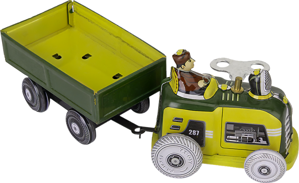 Kovový traktor s vlekem na klíček - Retro hračka