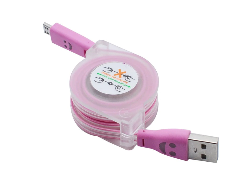 Svítící samonavíjecí kabel Micro USB - Světle růžový
